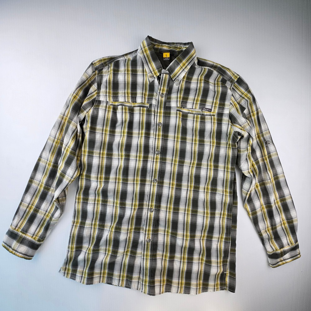Eddie Bauer Travex Mens Plaid Button Down Shirt Yellow Grey Small D3567210